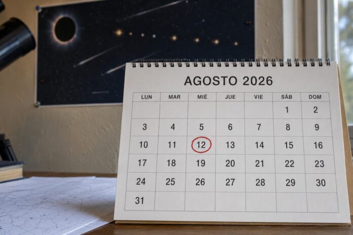 Ilustración de un eclipse solar parcial con planetas alineados en el cielo