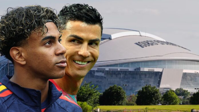 Vista exterior del Dallas Stadium con sus arcos de acero y techo retráctil