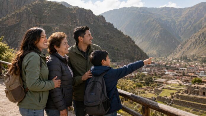 Familia viajando en paisaje natural peruano