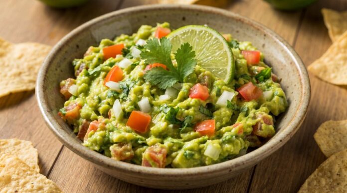 Guacamole mexicano en un molcajete con totopos de maíz