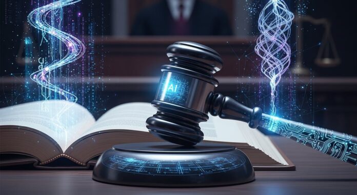Juzgado con expedientes y pantalla de computadora mostrando símbolos de inteligencia artificial