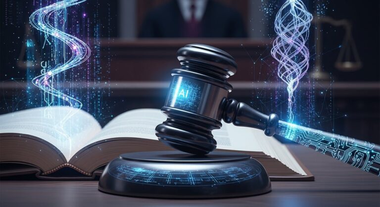 Juzgado con expedientes y pantalla de computadora mostrando símbolos de inteligencia artificial