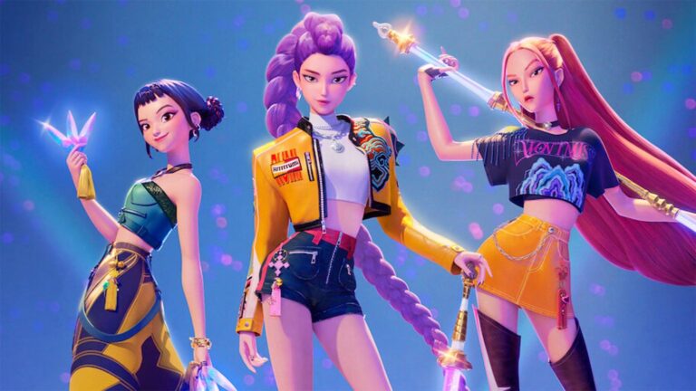 Póster de la película Las Guerreras K-pop con fondo de colores brillantes y personajes animados