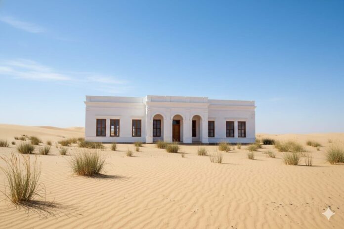 Reconstrucción virtual del Hotel Mar del Sud, edificio de una planta de color blanco en un paisaje de médanos y playa