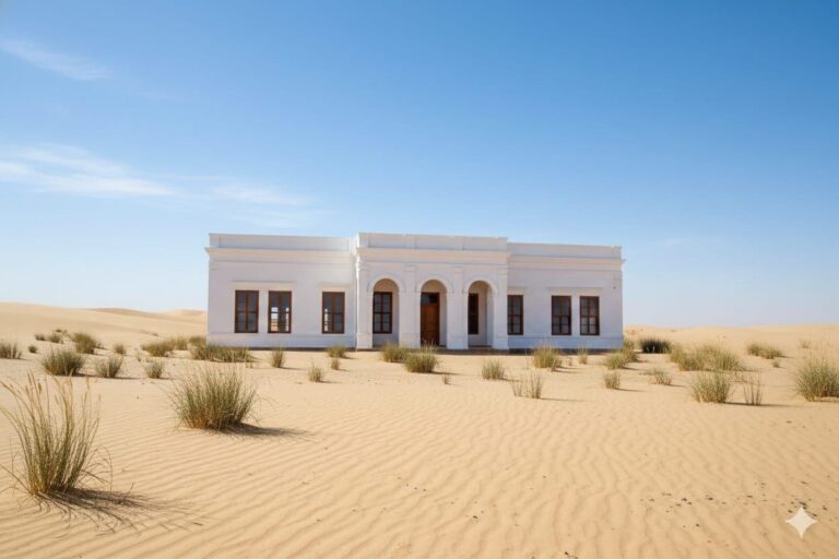 Reconstrucción virtual del Hotel Mar del Sud, edificio de una planta de color blanco en un paisaje de médanos y playa