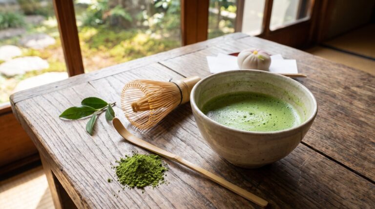 Té matcha en polvo verde en un tazón con cuchara