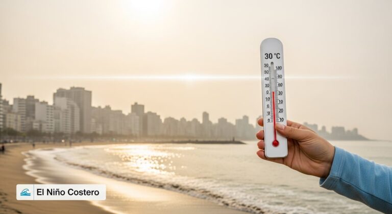 Termómetro marcando temperatura alta en Lima, con cielo despejado