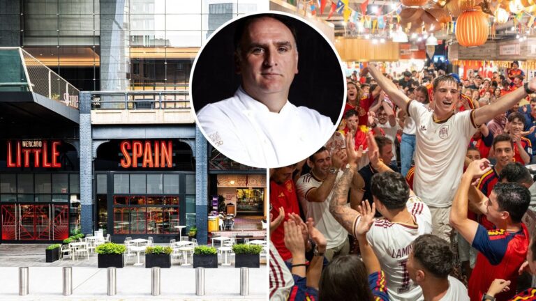 Interior del Mercado Little Spain en Nueva York con aficionados españoles durante el Mundial 2026
