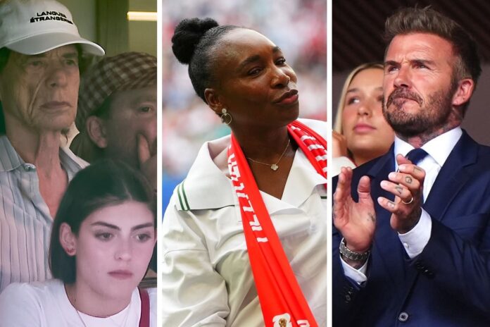 Mick Jagger, David Beckham, Victoria Beckham y Venus Williams en la tribuna del partido Inglaterra vs Noruega