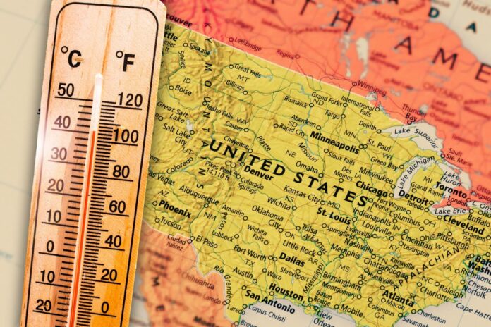 Mapa de Estados Unidos con zonas de calor, polvo del Sahara y tormentas