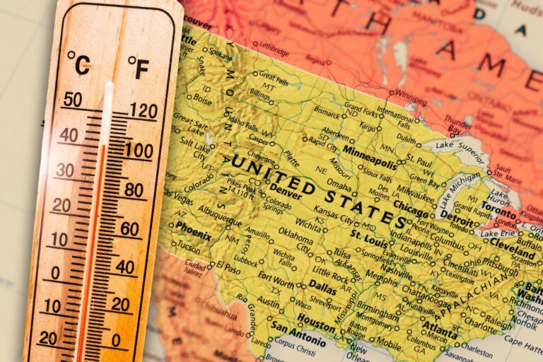 Mapa de Estados Unidos con zonas de calor, polvo del Sahara y tormentas