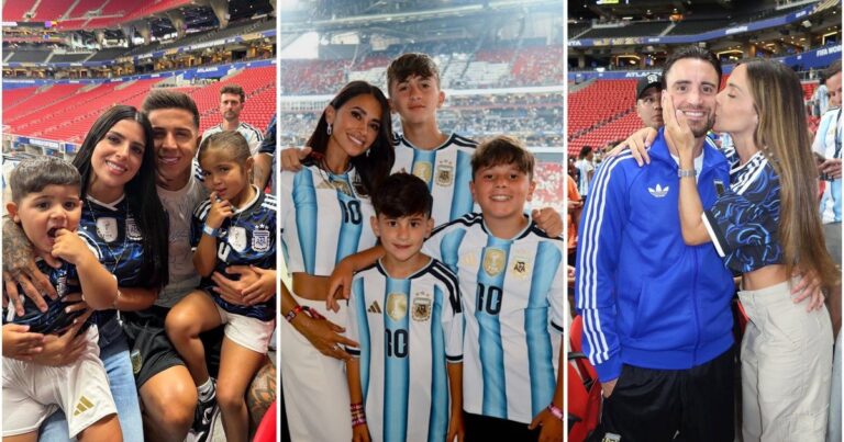 Antonela Roccuzzo con sus hijos luciendo camisetas de la Selección Argentina