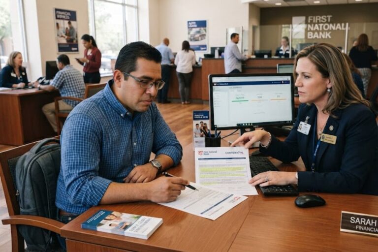 Documentos y billetes de dólar sobre una mesa, representando préstamos bancarios