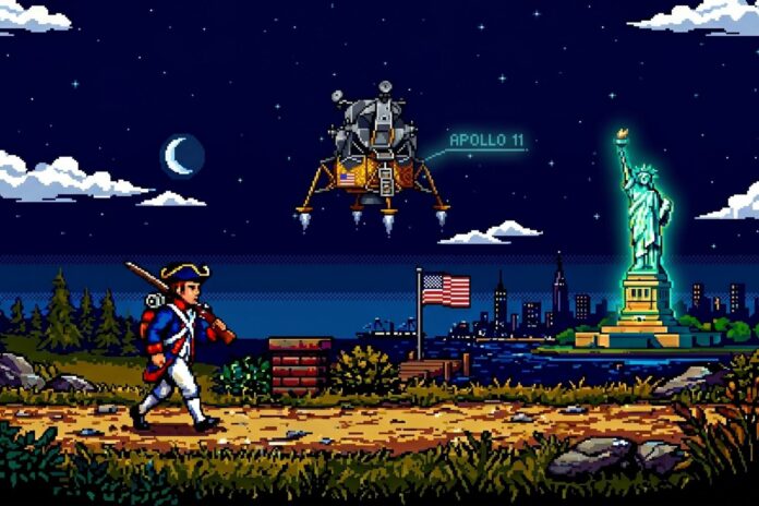 Captura del videojuego Quarter Millennium Quest con preguntas sobre la historia de Estados Unidos