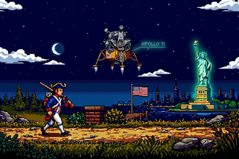 Captura del videojuego Quarter Millennium Quest con preguntas sobre la historia de Estados Unidos