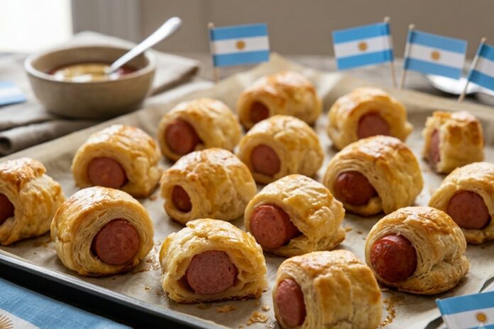 Salchichas envueltas en masa de pascualina sobre una bandeja de horno