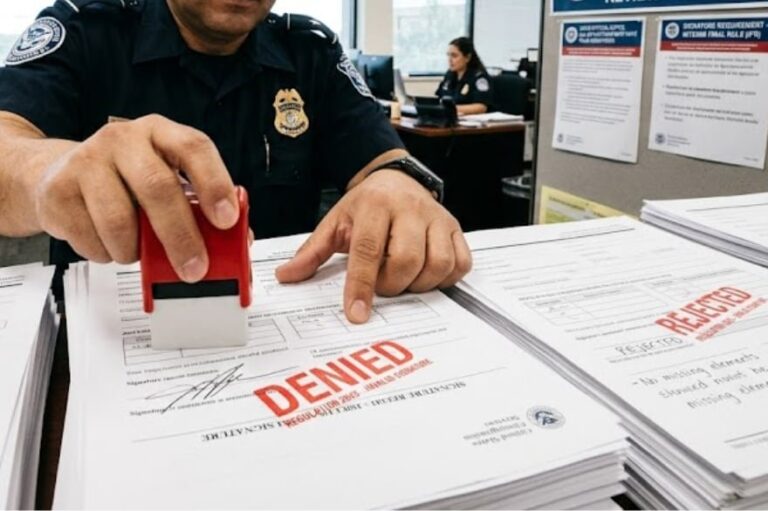 Documento de solicitud migratoria con firma manuscrita sobre una mesa