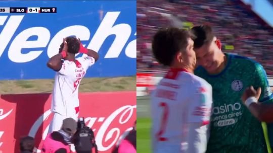Jugadores de Huracán y San Lorenzo en el Nuevo Gasómetro durante el clásico