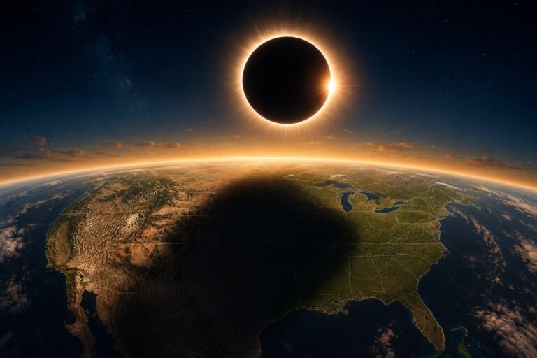Mapa de la NASA con la trayectoria del eclipse total de Sol del 12 de agosto de 2026