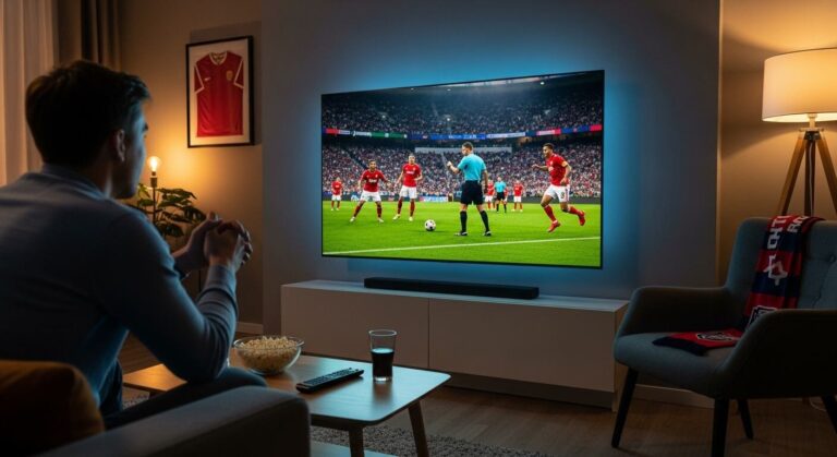 Persona viendo un partido de fútbol sola en su sala de estar