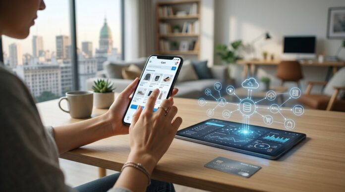 Persona usando redes sociales y dispositivo móvil para comprar en línea