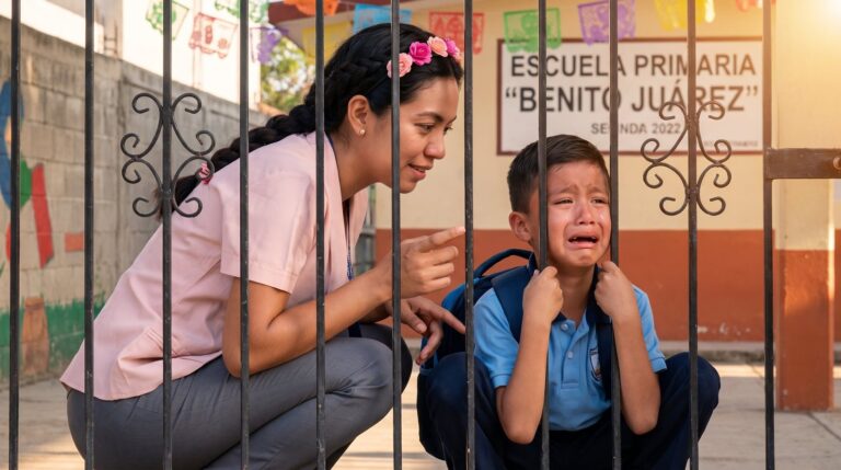 Niño llorando en la entrada de una escuela mientras su madre lo consuela