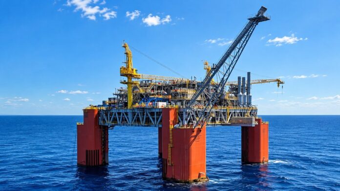 Plataforma petrolera en el mar con bandera británica en las Islas Malvinas