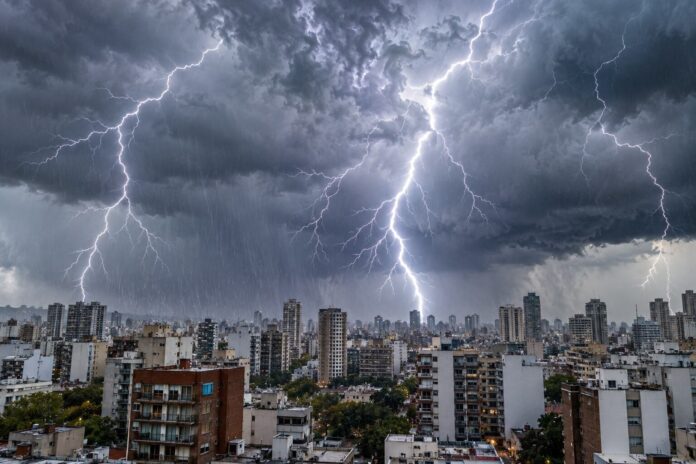 Mapa del clima de Argentina con un frente proveniente del Pacífico, lluvias, nevadas y viento Zonda